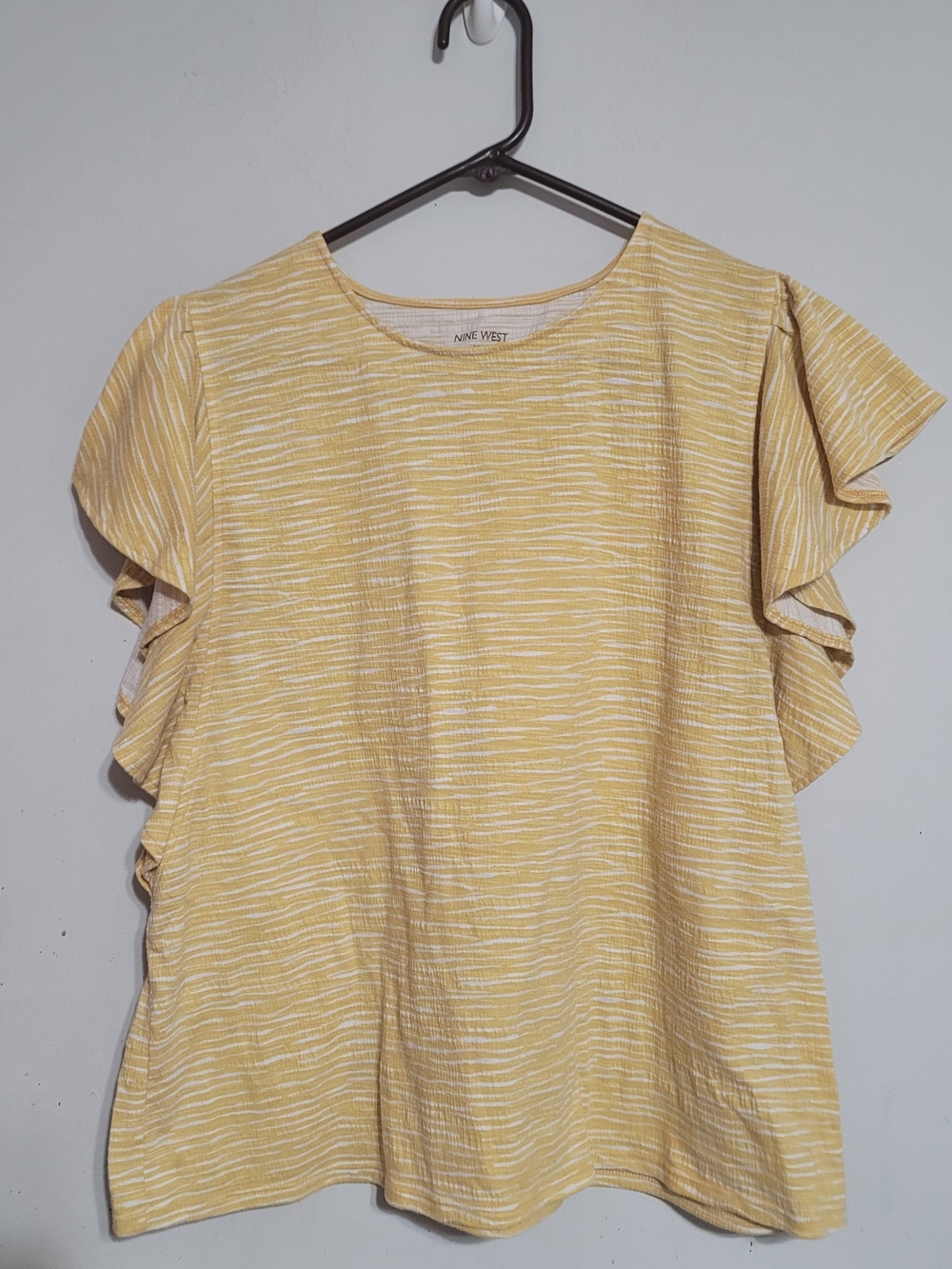 Nine West Yellow & White Striped Ruffle Sleeve Top Sz XL
